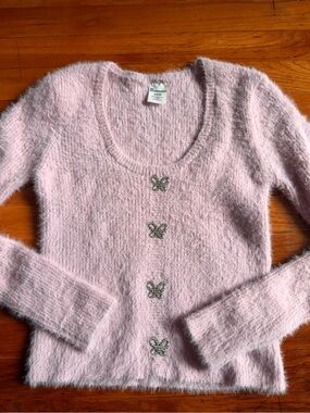 No Boundaries Light Pink Fuzzy Butterfly-Button Scoop Neck Sweater